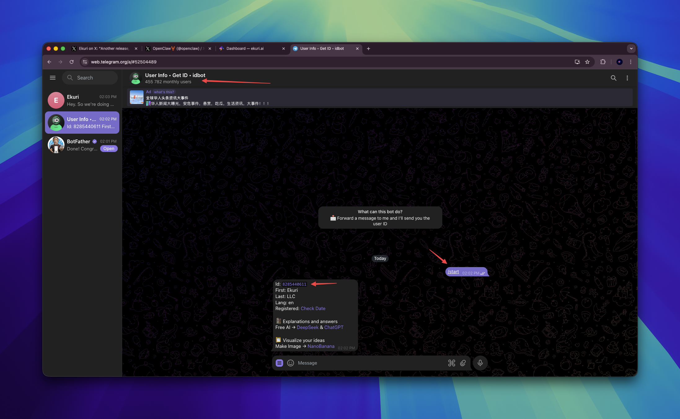 Message @userinfobot to get your Telegram User ID