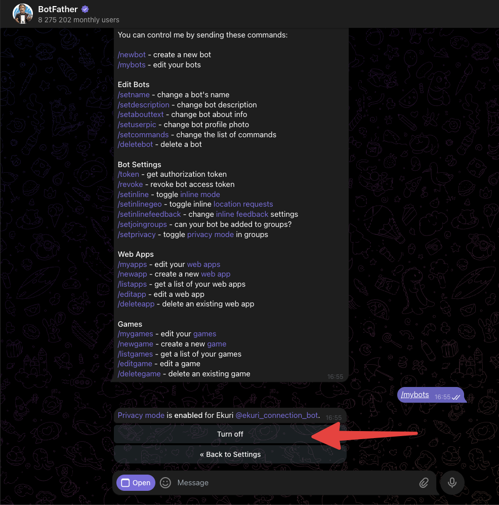Privacy mode disabled confirmation