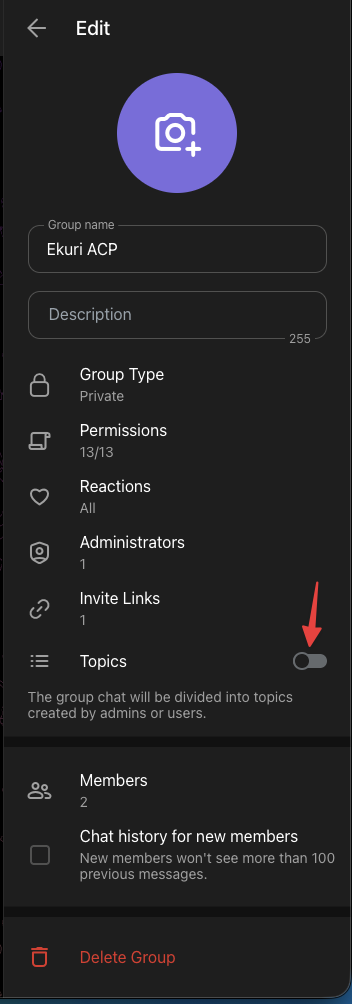 Enabling Topics in group settings
