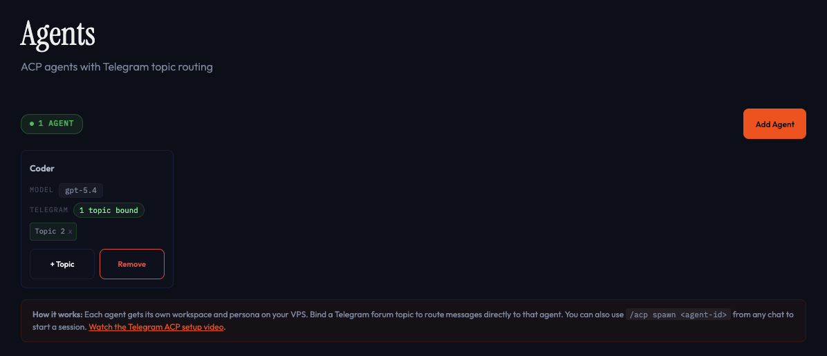 Agent card showing 1 topic bound