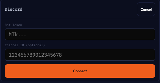 Discord connection form with Bot Token and Channel ID fields