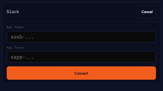 Slack connection form with Bot Token and App Token fields